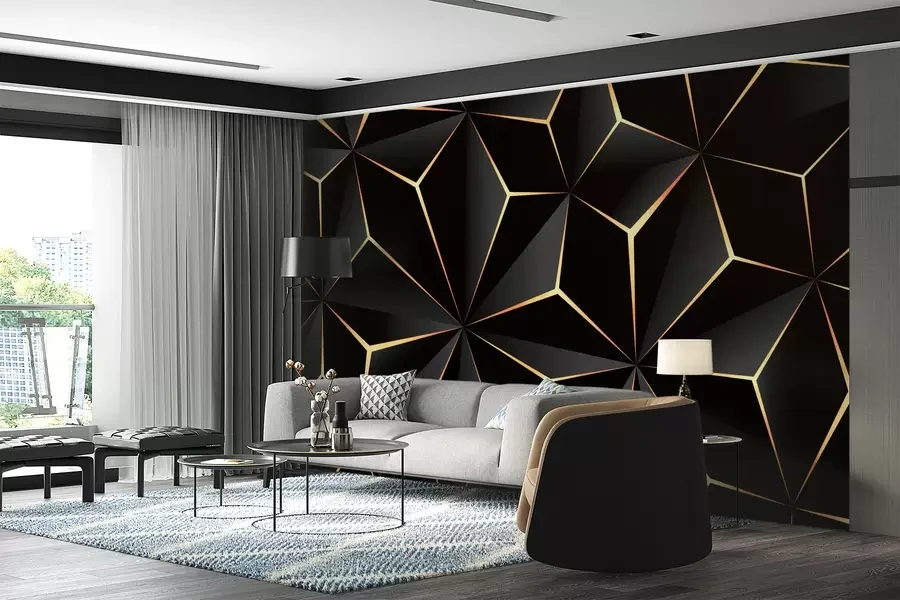 Dark geometric wallpaper behind a modern media console