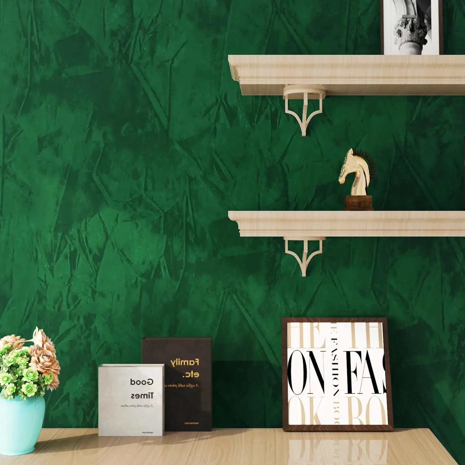 Deep green textured wallpaper with shelving