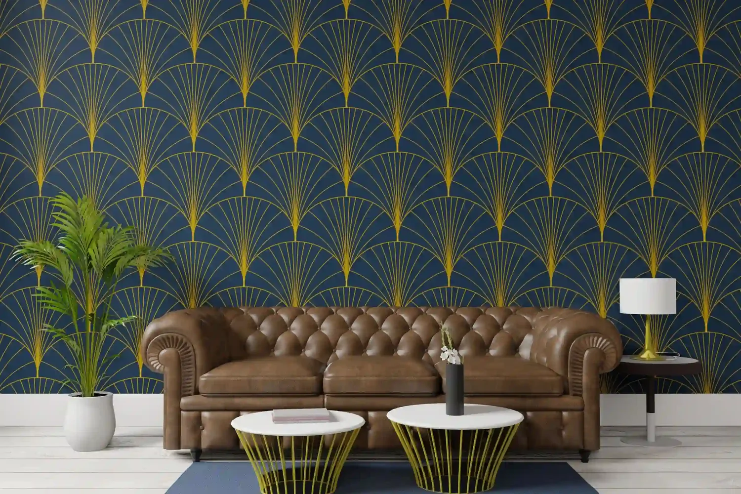 Living room with dark patterned wallpaper and built-in shelving