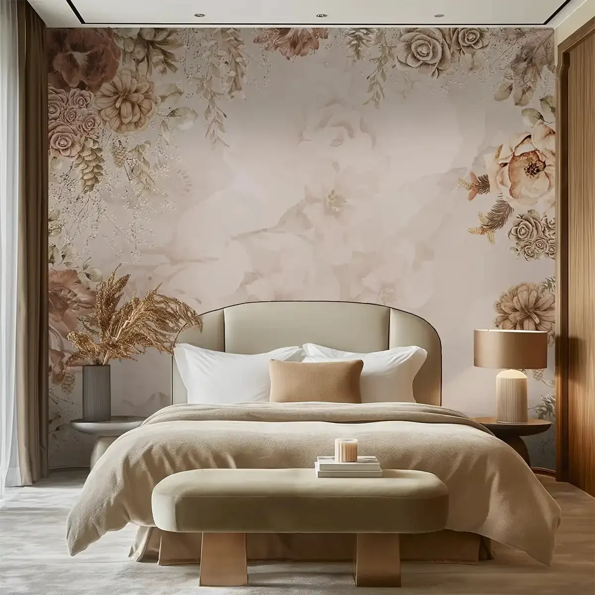 Soft neutral wallpaper in a calm bedroom
