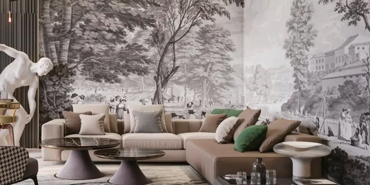 Sunlit interior with pale patterned wallpaper and layered furnishings